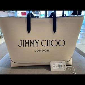 Jimmy Choo Beige Printed Logo Canvas Tote Shoulder Bag - NEW - AUTHENTIC